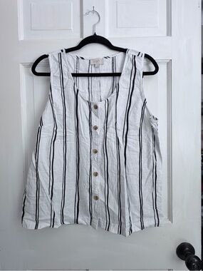 LOFT White Tank with Black Vertical Stripes and Button Front